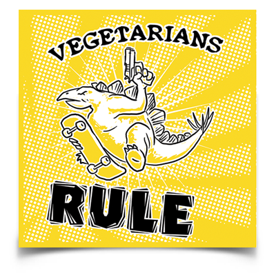 Vegetarians Rule dinosaur sticker (4" square)